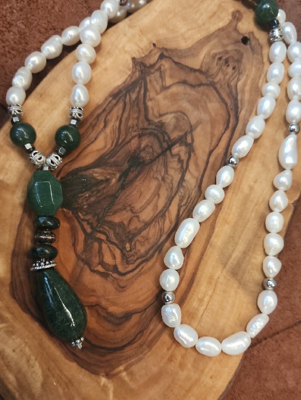 Freshwater Pearl and Moss Agate Stone Pendant Necklace - Picture 2 of 7
